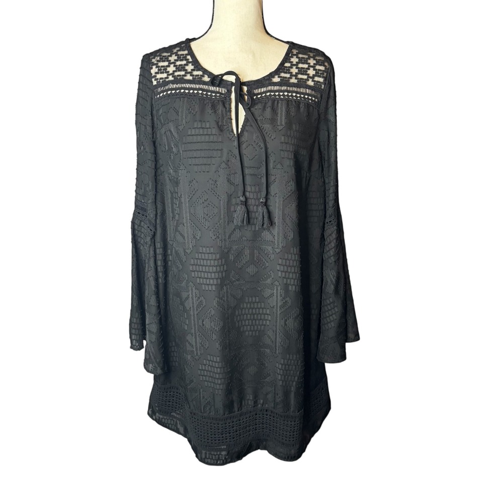 Kaari Womens Black‎ Long Sleeve Tunic Dress with Lace Detail Bohemian Style SZ L